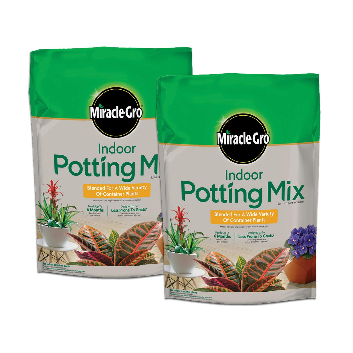 Miracle-Gro Indoor Potting Mix bundle shows two 6 qt bags for easy plant care.