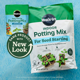 Miracle-Gro Indoor Potting Mix shown with 72-cell seeding trays for germination