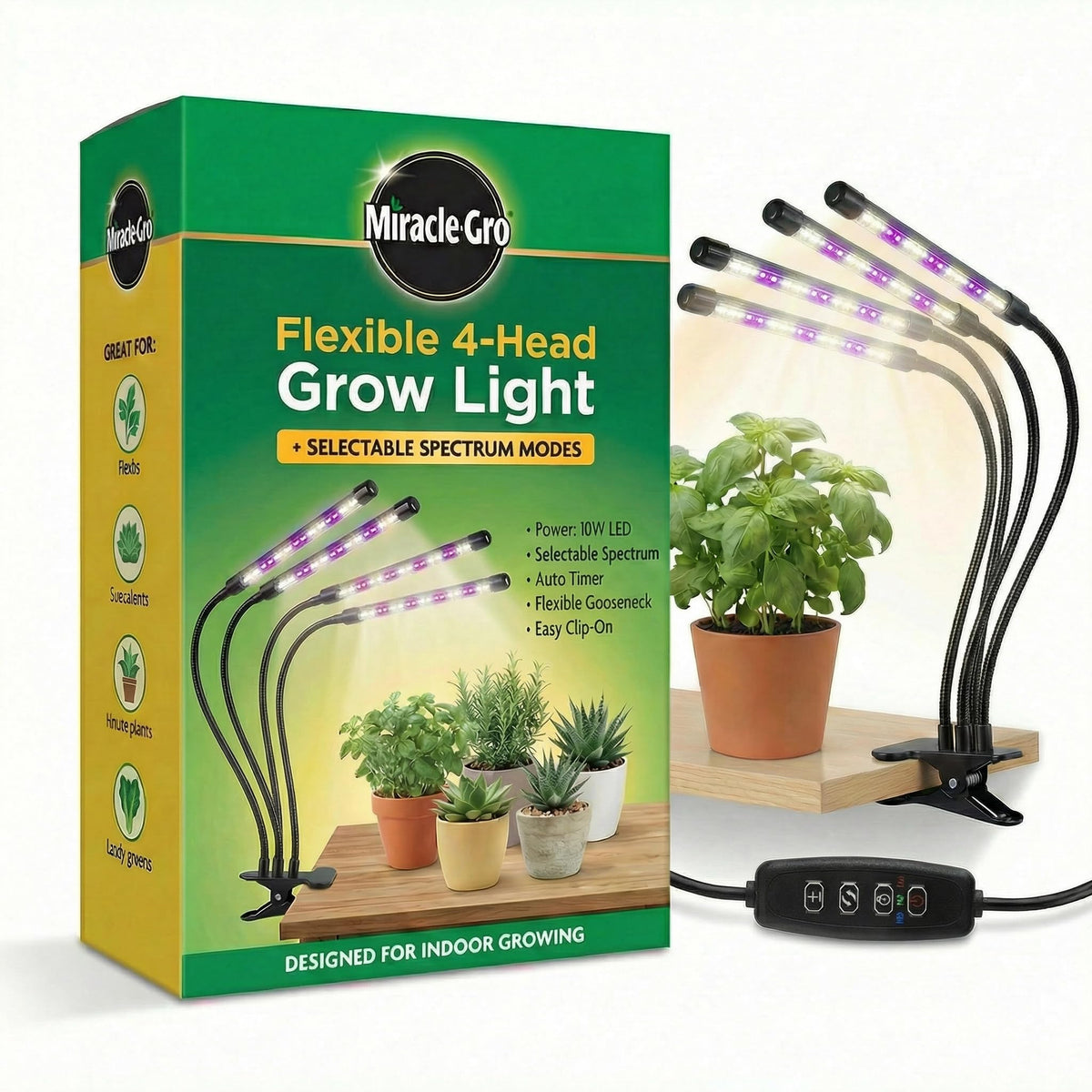 Miracle-Gro LED Grow Light 4-Head provides reliable full-spectrum illumination for indoor plants.