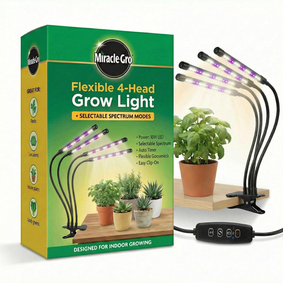 Miracle-Gro LED Grow Light 4-Head provides reliable full-spectrum illumination for indoor plants.