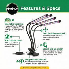 Miracle-Gro LED Grow Light Goosenecks provide 360-degree flexibility for precise placement.