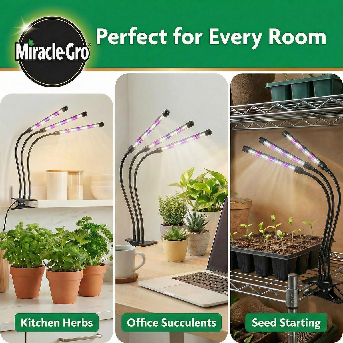 Miracle-Gro LED Grow Light Selectable Spectrum enables white, red, blue settings for versatile care.