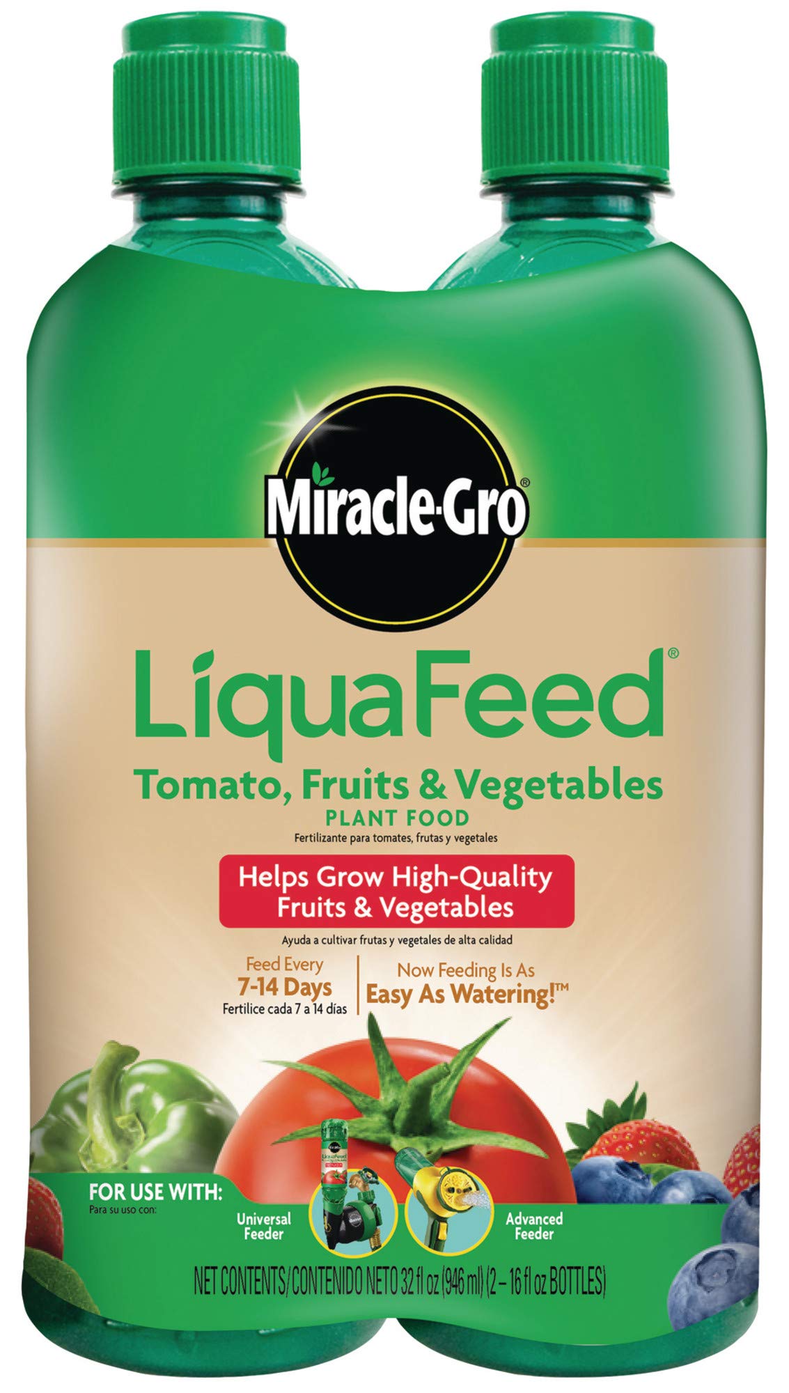 Miracle-Gro LiquaFeed bottle for tomatoes and vegetables, easy nutrient delivery.