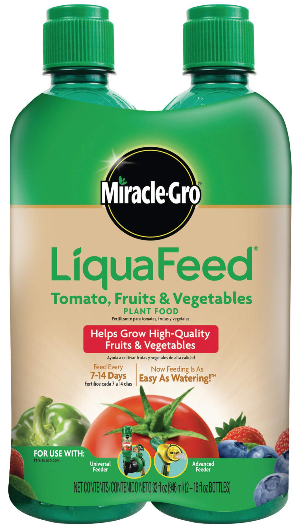 Miracle-Gro LiquaFeed bottle for tomatoes and vegetables, easy nutrient delivery.