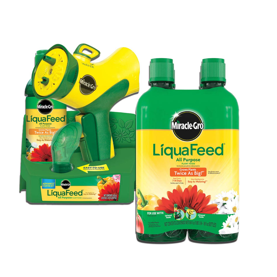 Miracle-Gro LiquaFeed bottle attached to the feeder for easy garden feeding.