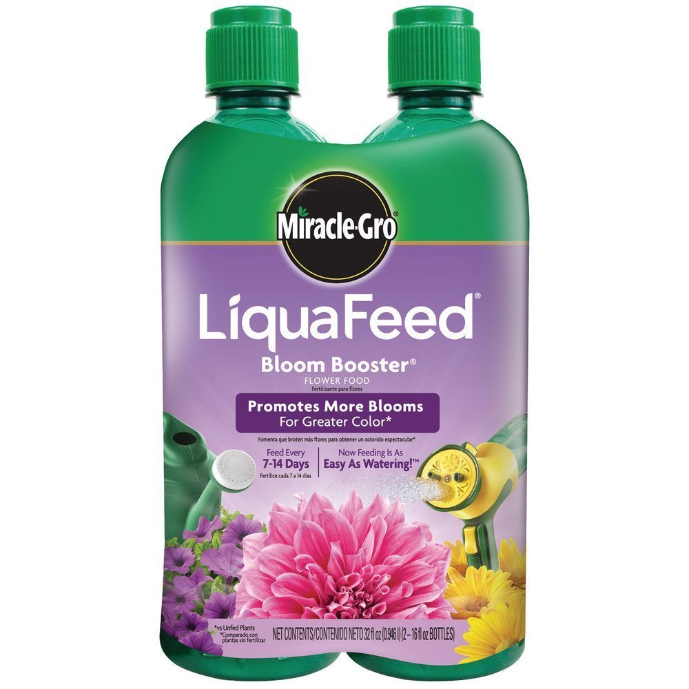 Miracle-Gro LiquaFeed Bloom booster bottle feeds flowering plants.