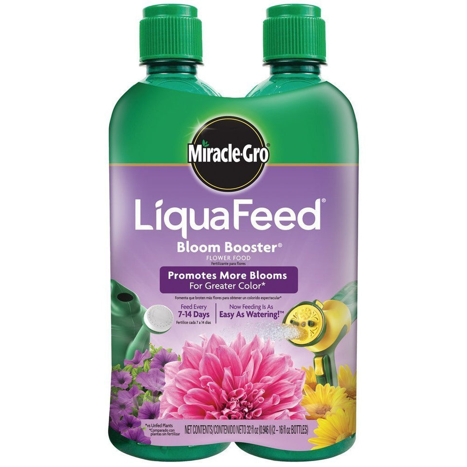 Miracle-Gro LiquaFeed Bloom booster bottle feeds flowering plants.