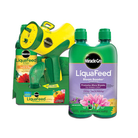 Miracle-Gro LiquaFeed Bloom Booster bottle feeds flowering plants for vibrant color.
