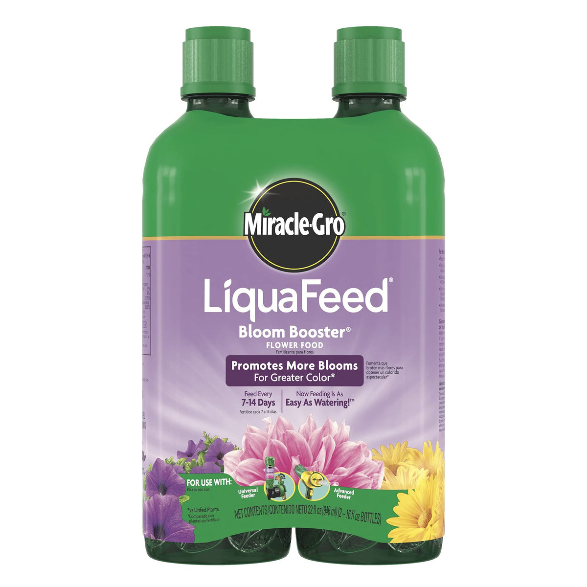 Miracle-Gro LiquaFeed bloom bottle pouring to boost flower color.