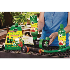 Hose-base connection enables feeding with sprinklers and soaker hoses.