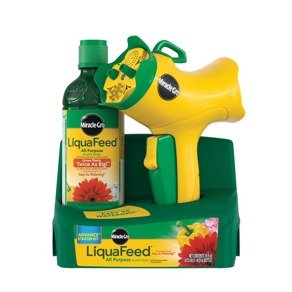 Miracle-Gro LiquaFeed feeder attached to hose for effortless feeding.