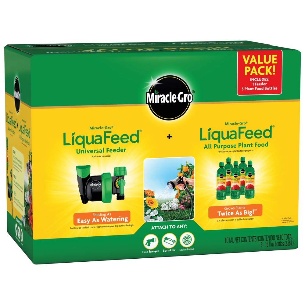 Miracle-Gro LiquaFeed universal feeder attached to a spigot for easy garden feeding.