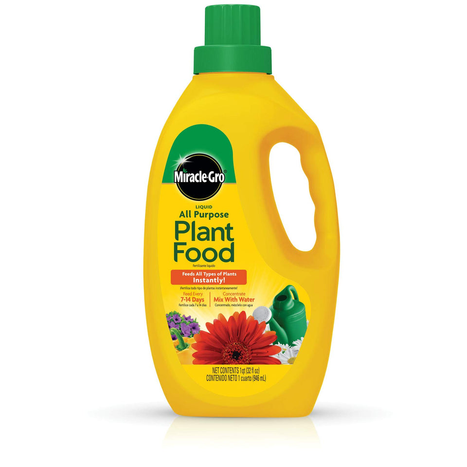 Miracle-Gro Liquid All Purpose Plant Food bottle ready for mixing and feeding plants