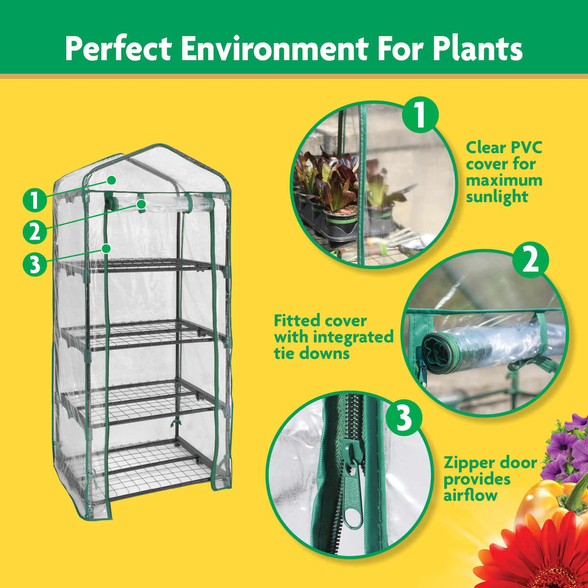 Miracle-Gro mini greenhouse door open demonstrates easy access to plants and trays.