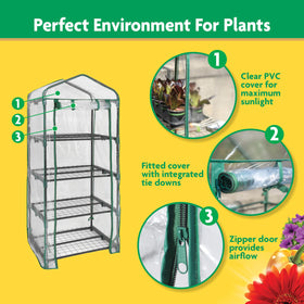 Miracle-Gro mini greenhouse door open demonstrates easy access to plants and trays.