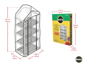 Miracle-Gro mini greenhouse shelves illustrate four adjustable levels for pots.