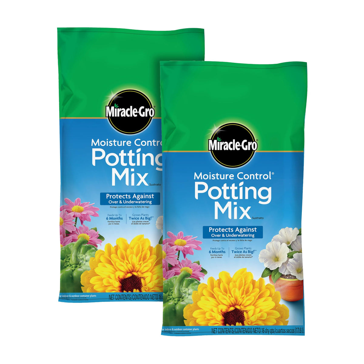 Miracle-Gro Moisture Control two-bag set ready for container gardening.