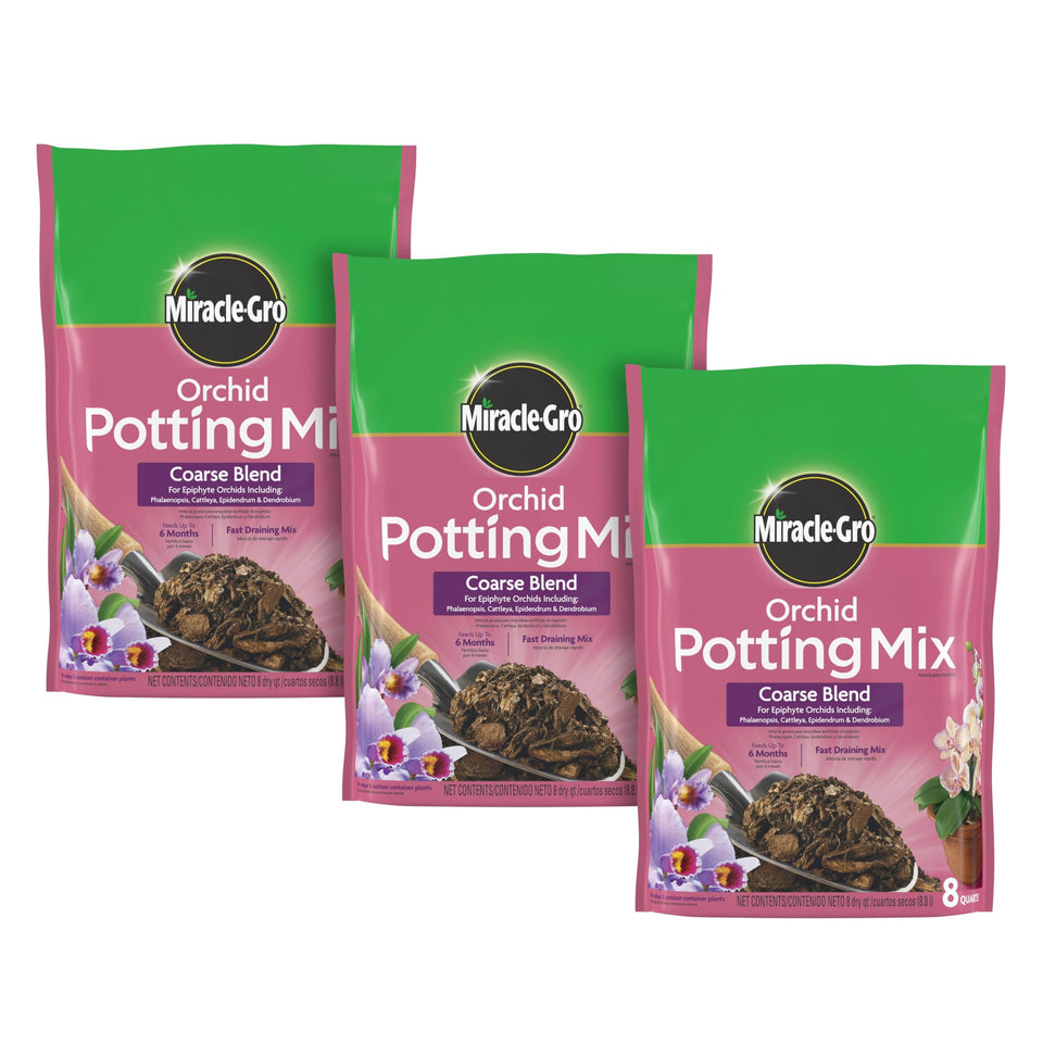 Miracle-Gro Orchid Potting Mix Coarse Bundle 8 qt designed for quick drainage and feeding.