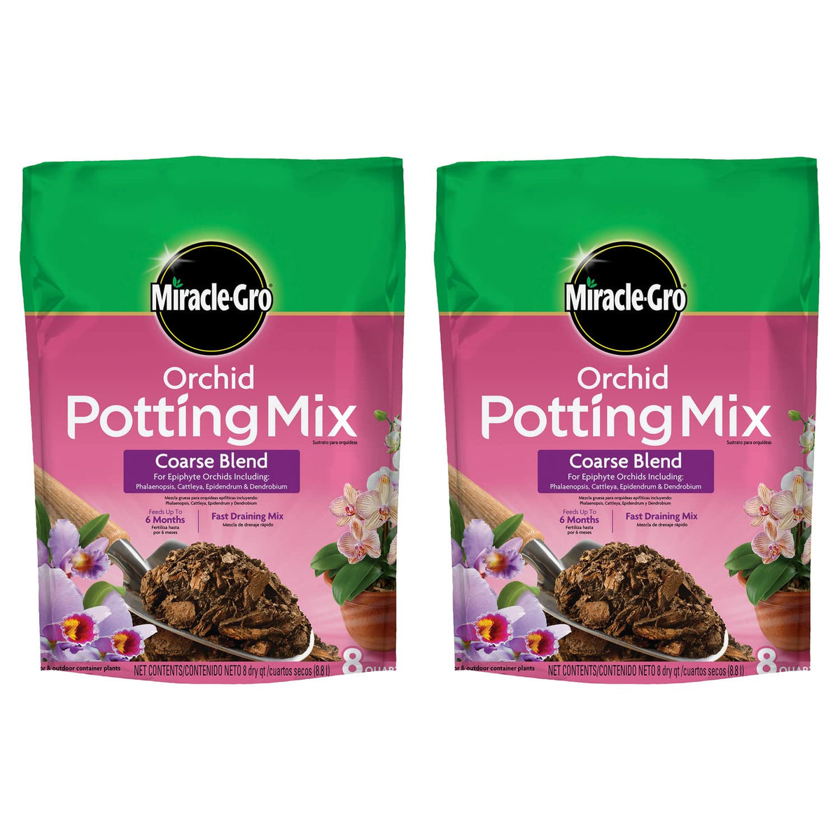 Miracle-Gro Orchid Potting Mix coarse epiphyte blend promotes drainage for epiphytic orchids.