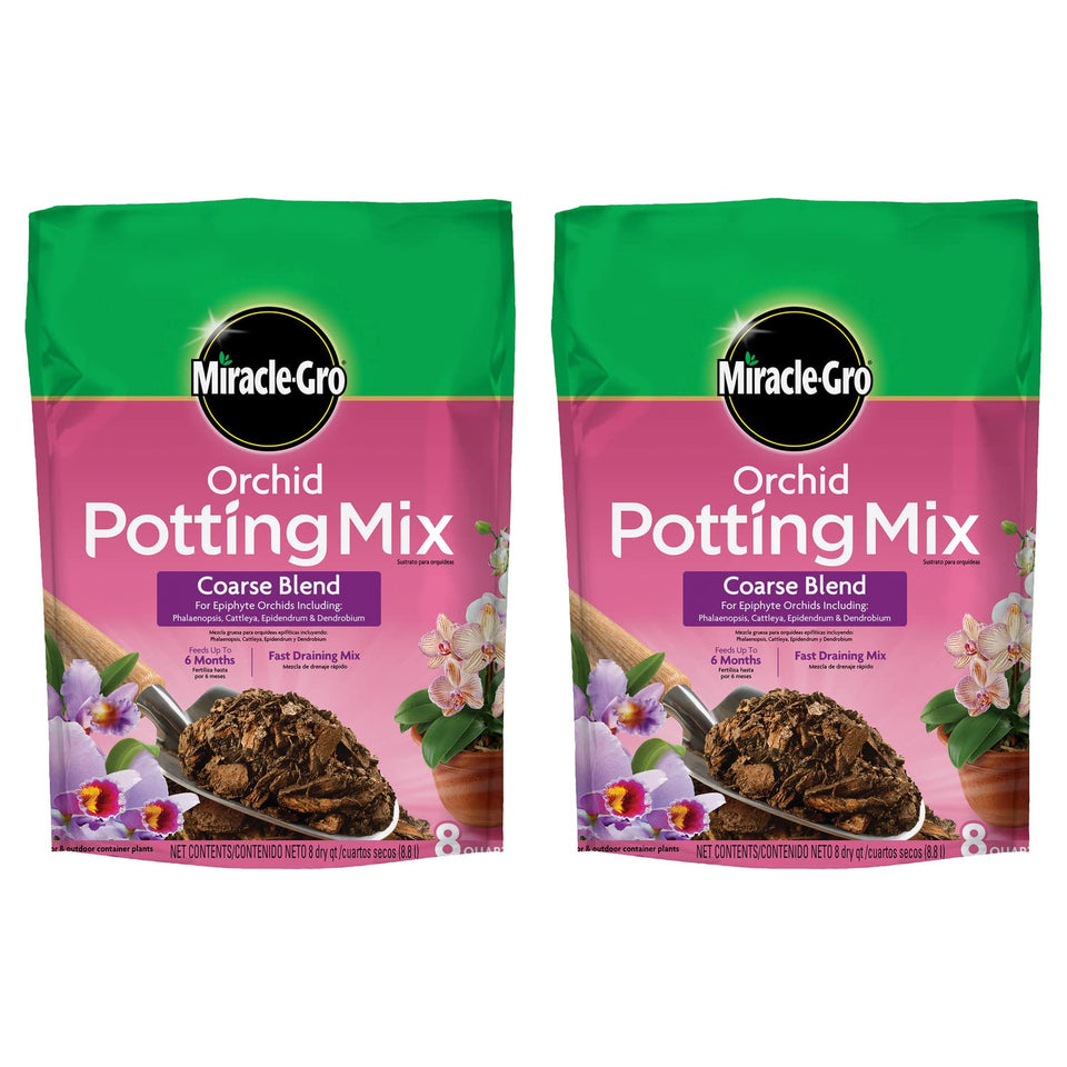 Miracle-Gro Orchid Potting Mix coarse epiphyte blend promotes drainage for epiphytic orchids.