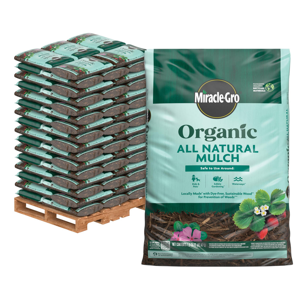Miracle-Gro Organic All Natural Mulch bag close-up shows dye-free, sustainable wood material.