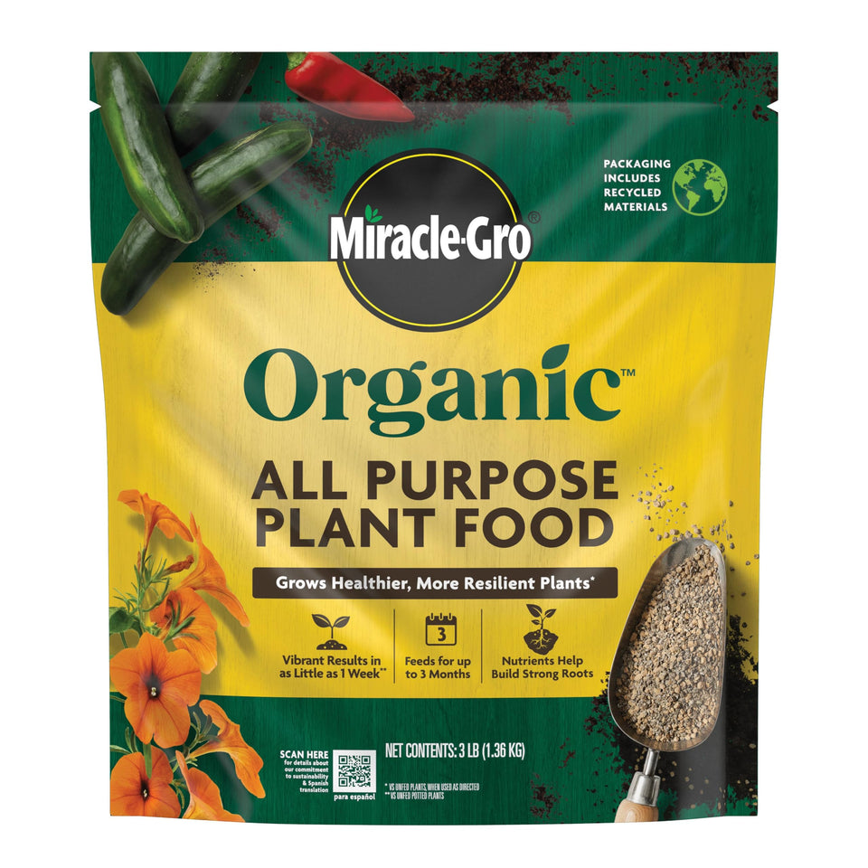 Miracle-Gro Organic All Purpose Plant Food granules on soil for outdoor feeding.