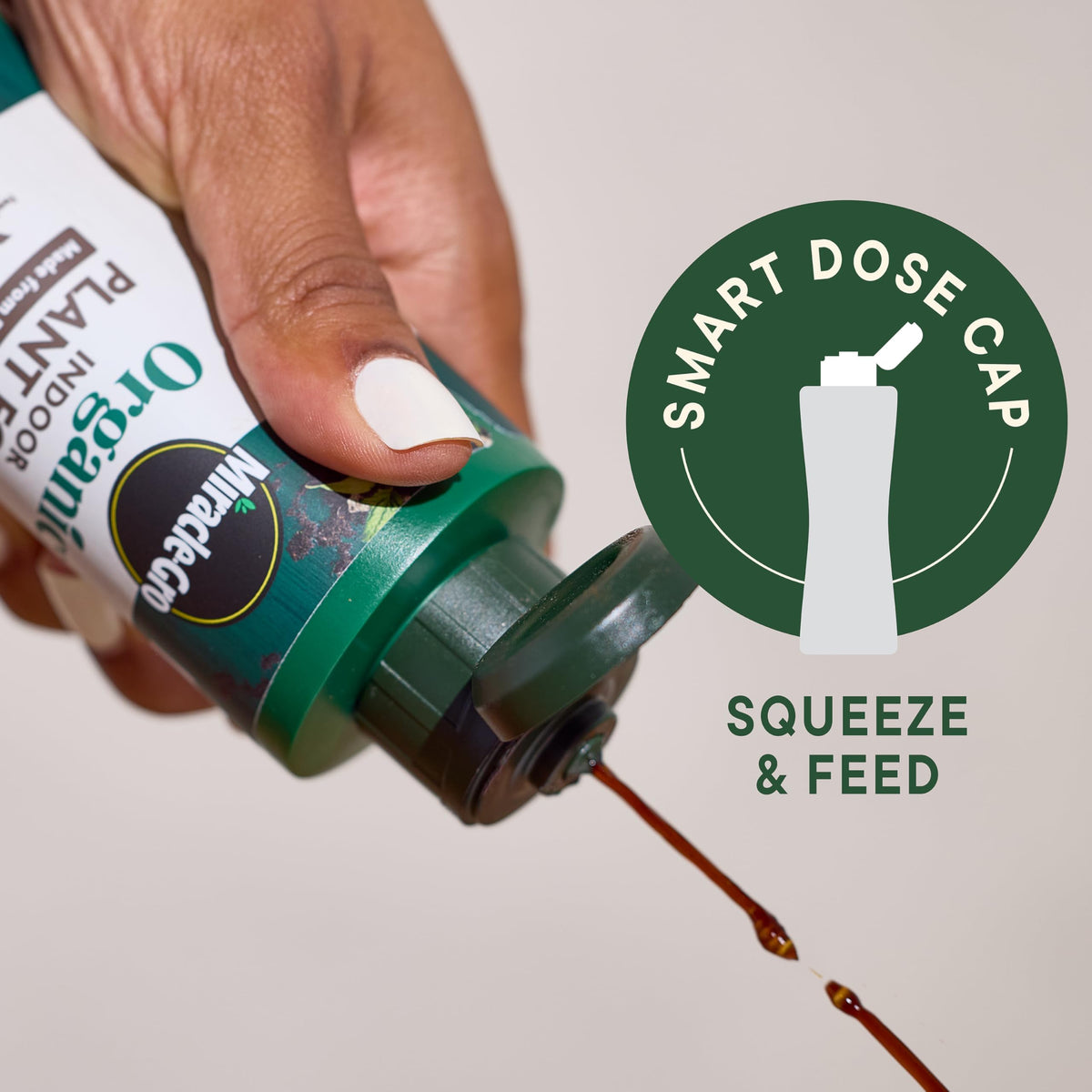 Miracle-Gro Organic Indoor Plant Food cap close-up showing smart-dose cap