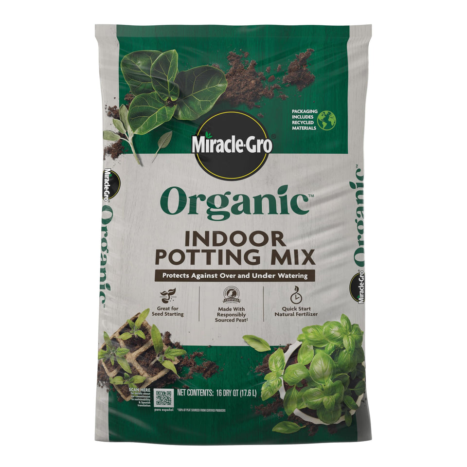 Miracle-Gro Organic Indoor Potting Mix bag provides moisture-balanced soil for indoor plants.