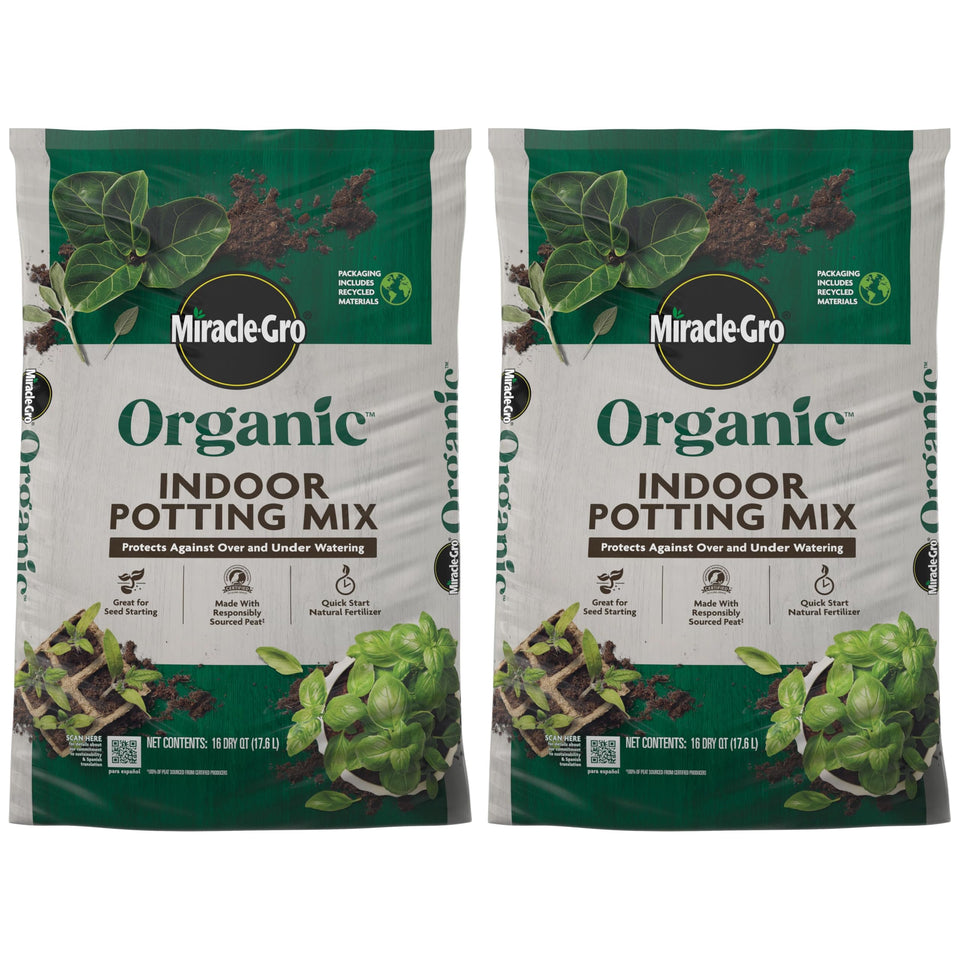 Miracle-Gro Organic Indoor Potting Mix bag for indoor containers promotes balanced moisture.