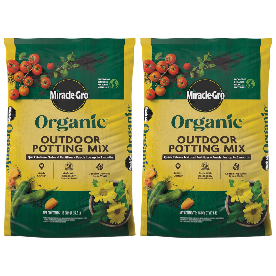 Miracle-Gro Organic Outdoor Potting Mix bag closeup showing product label