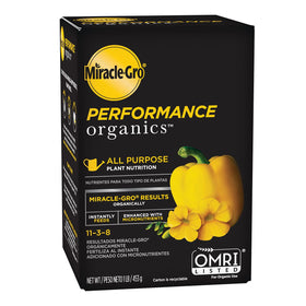 Miracle-Gro Performance Organics all-purpose nutrition jar ready for organic feeding on vegetable beds