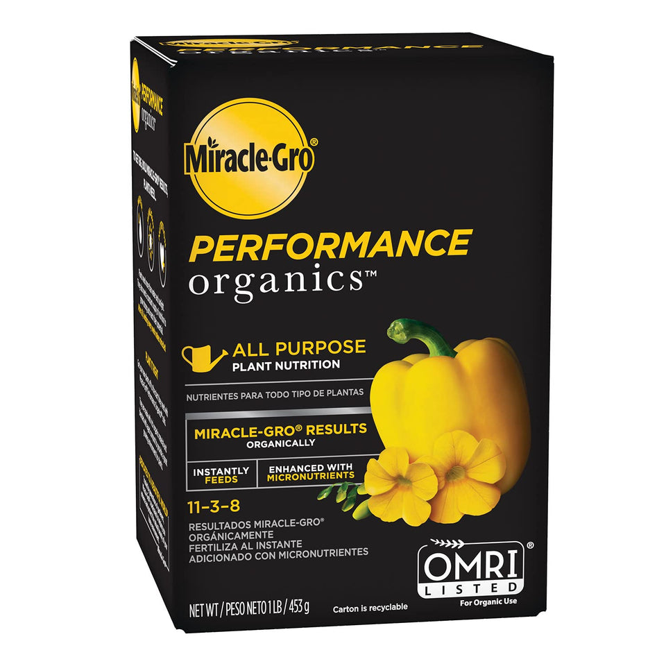 Miracle-Gro Performance Organics all-purpose nutrition jar ready for organic feeding on vegetable beds