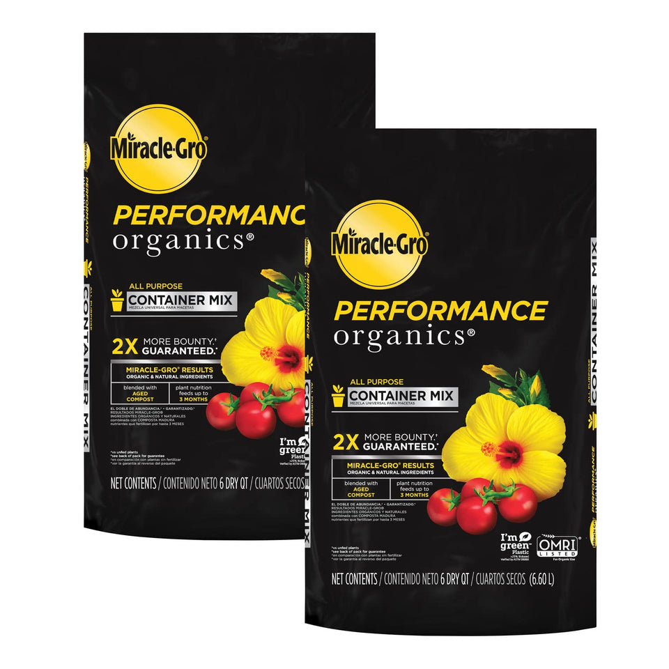 Miracle-Gro Performance Organics container mix 6qt bag closeup for vibrant pots.