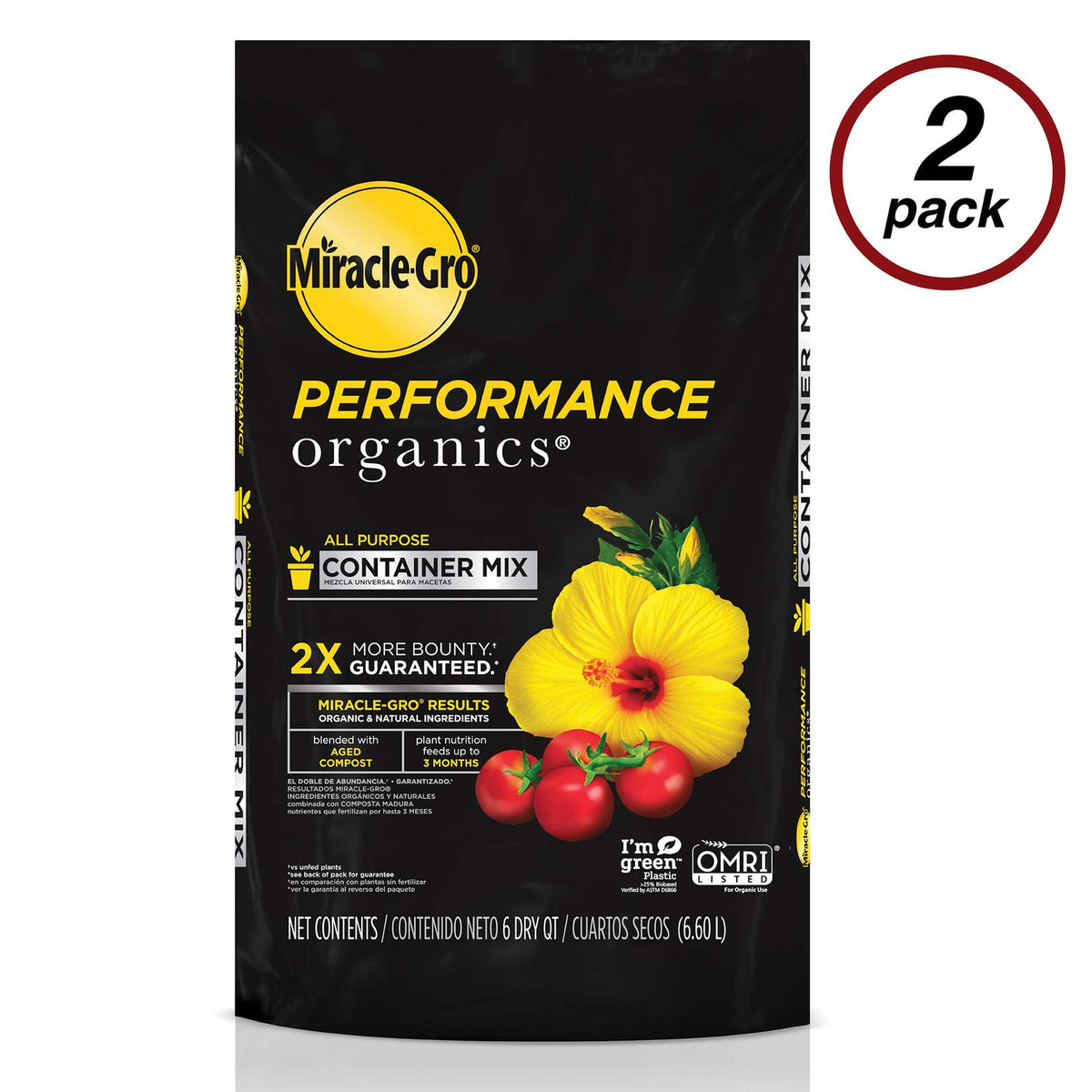 Miracle-Gro Performance Organics container mix 6qt bag in pot for thriving vegetables.