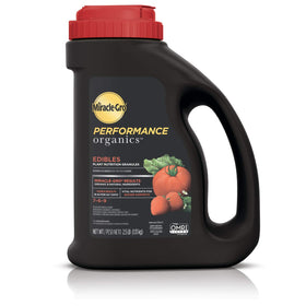 Miracle-Gro Performance Organics Edibles bag front showing organic nutrients for tomatoes and vegetables.