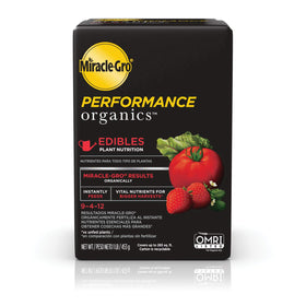 Miracle-Gro Performance Organics Edibles bottle label showing organic plant nutrition.