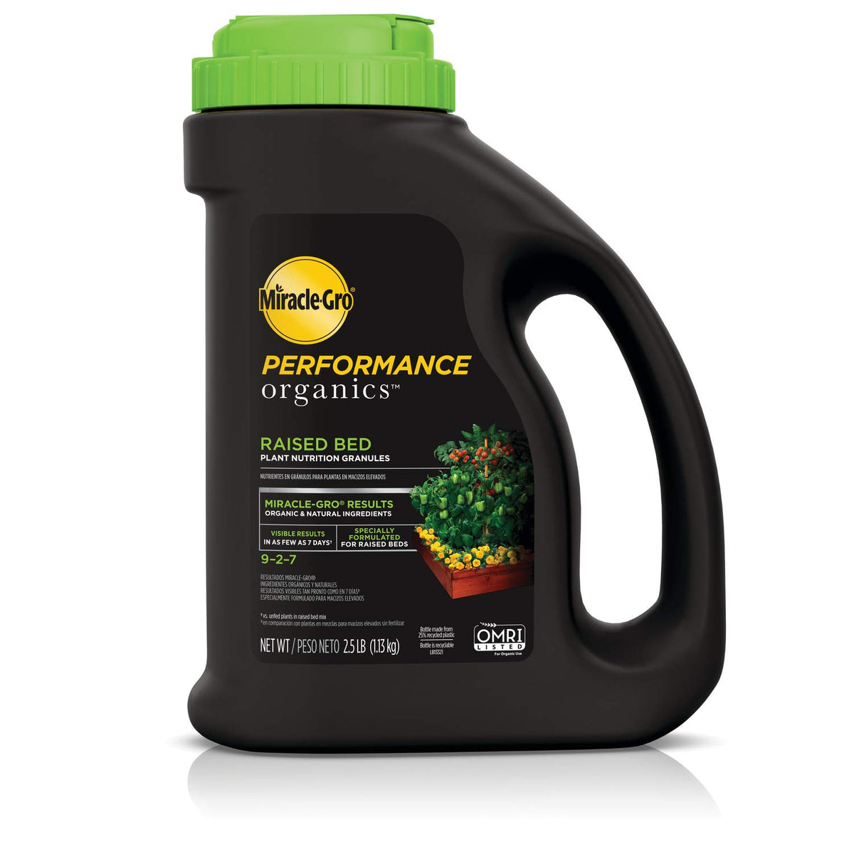 Miracle-Gro Performance Organics granules bottle for raised bed feeding