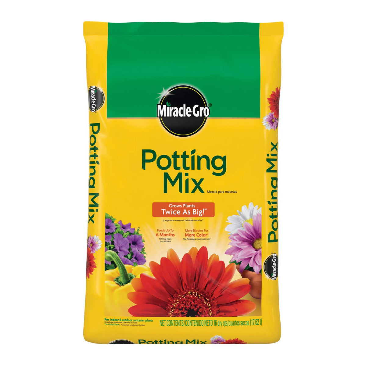 Miracle-Gro Potting Mix bag front view boosts container plant vitality and color
