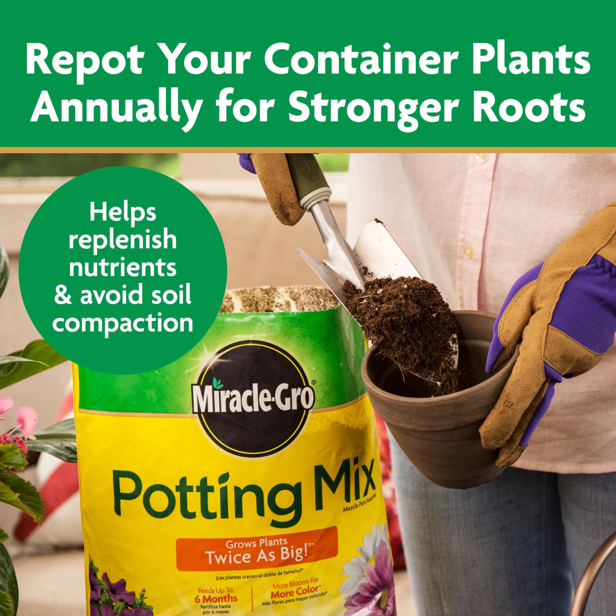 Miracle-Gro Potting Mix bag displays simple potting directions for easy setup
