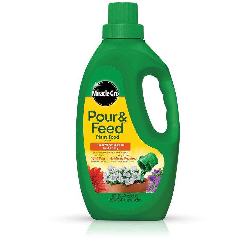Miracle-Gro Pour & Feed bottle cap application showing easy direct-to-soil dosing for pots