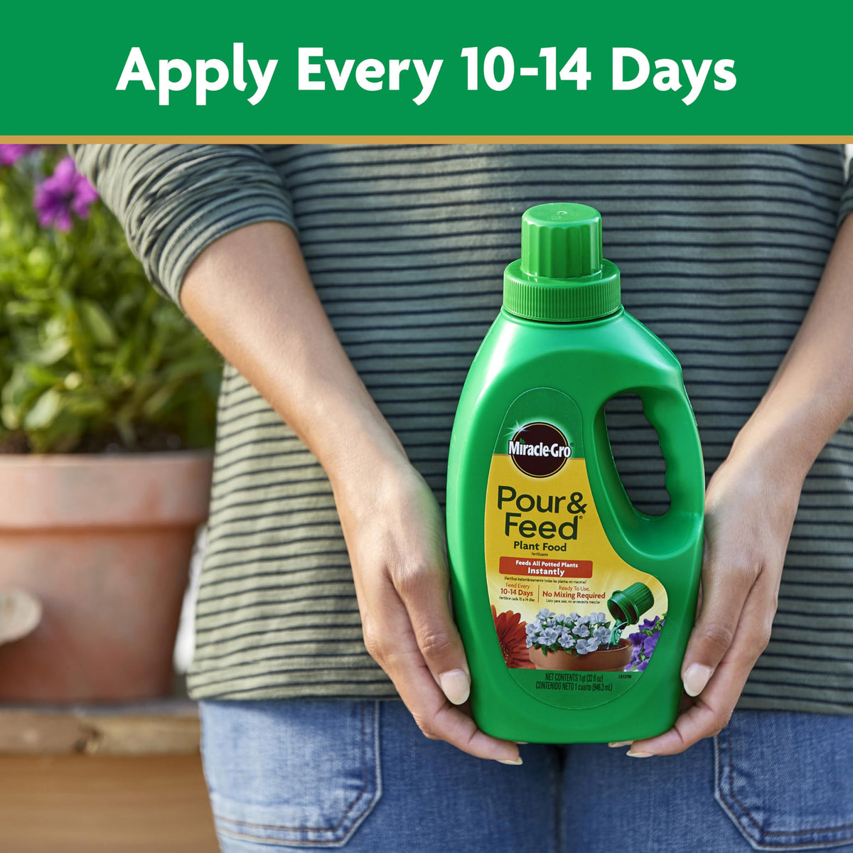 Miracle-Gro Pour & Feed promotes regular feeding every 10-14 days for thriving containers