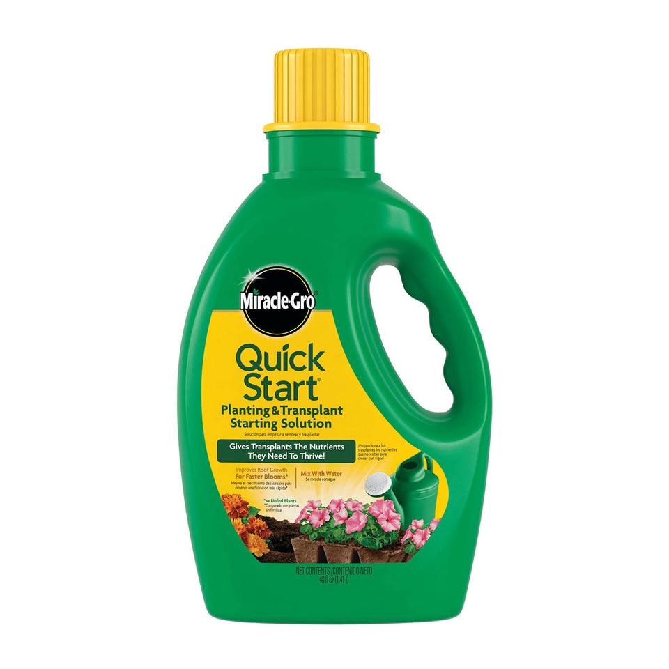 Miracle-Gro Quick Start bottle cap close-up ready for dilution and root support.