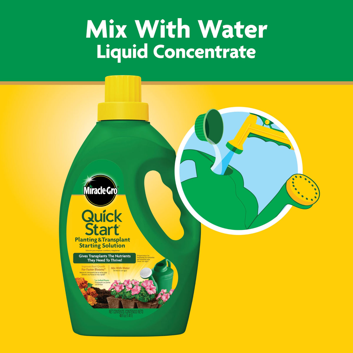 Miracle-Gro Quick Start cap-to-water instruction for planting success.