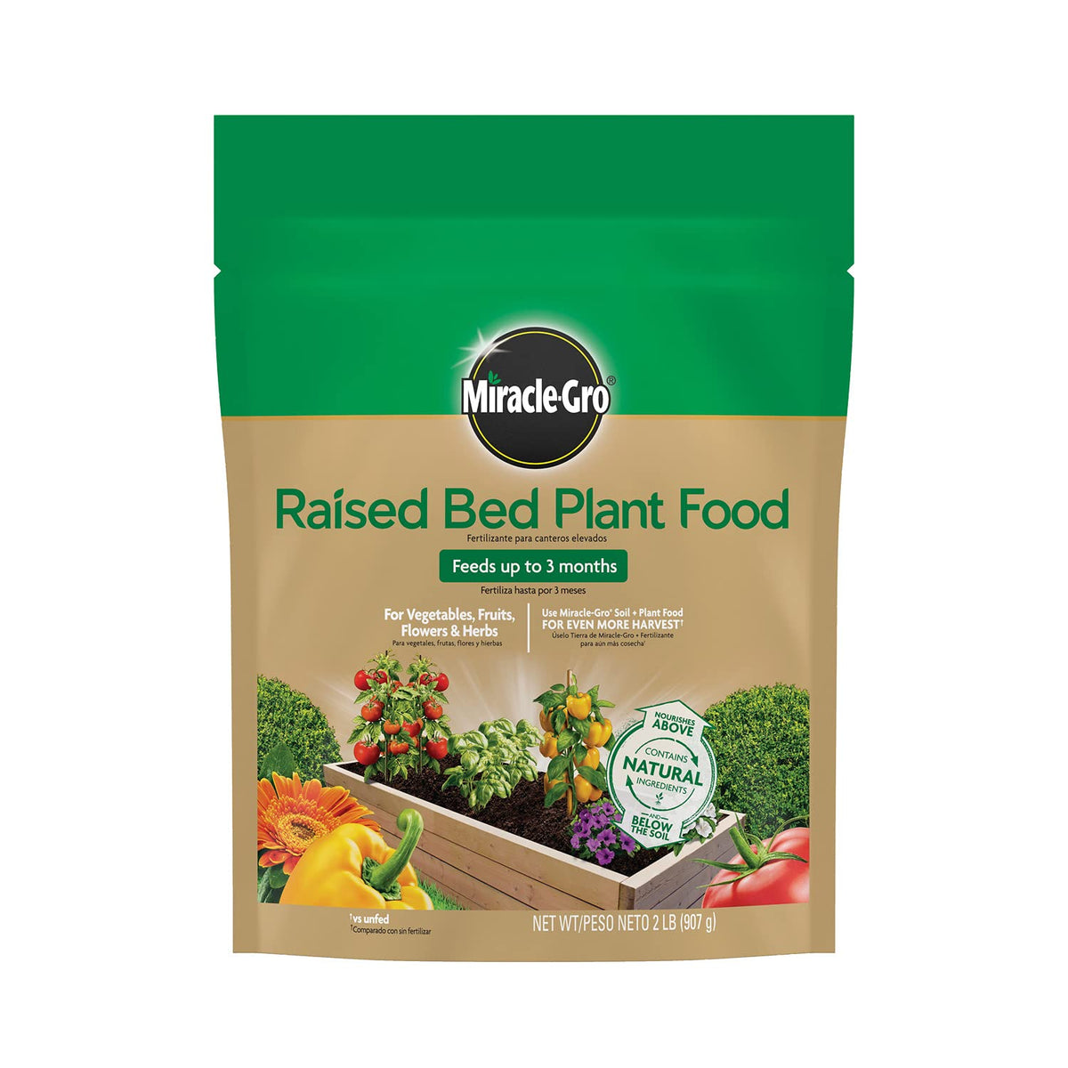 Miracle-Gro Raised Bed Plant Food bag ready to feed beds for up to 3 months.