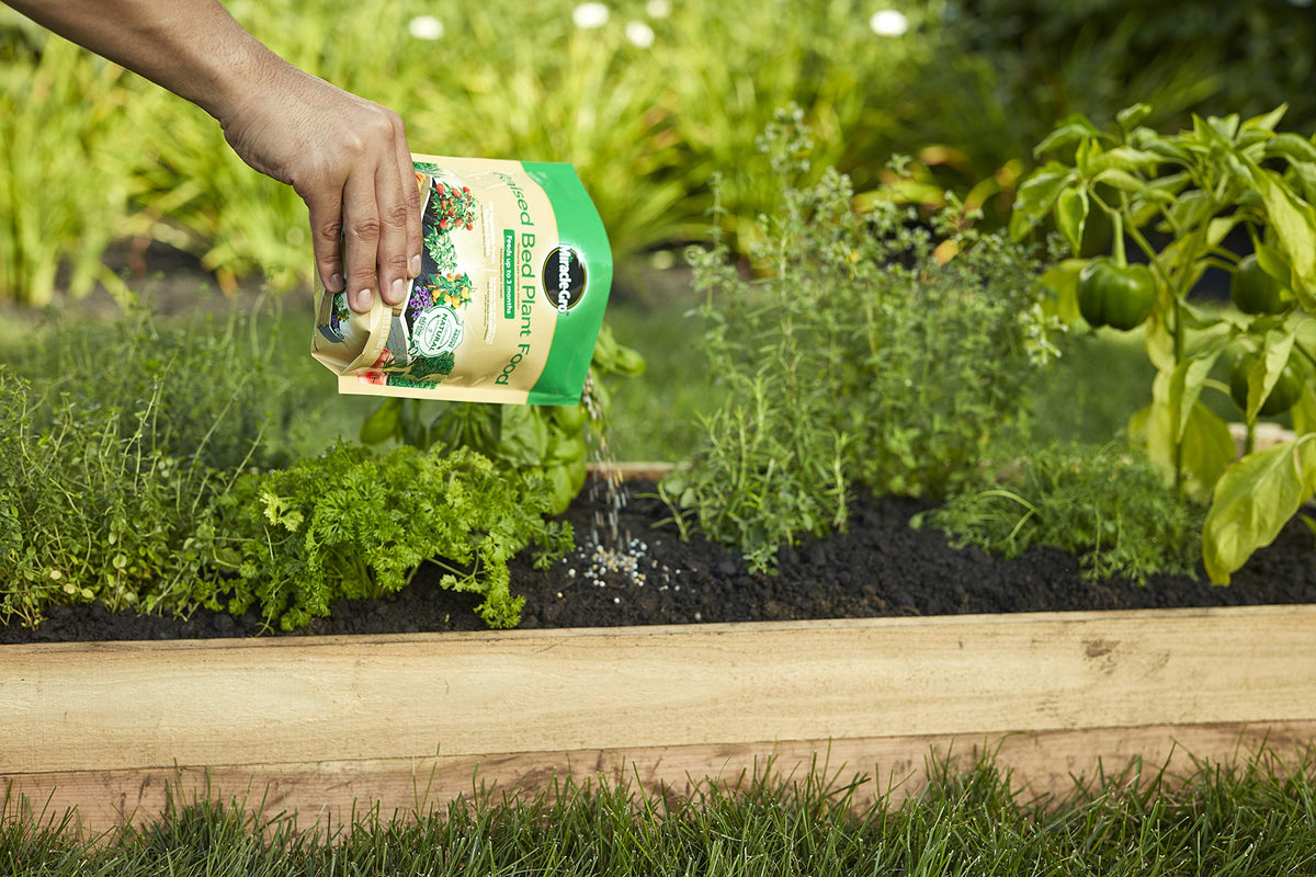 Mixing Miracle-Gro Raised Bed Plant Food into soil for nutrients.