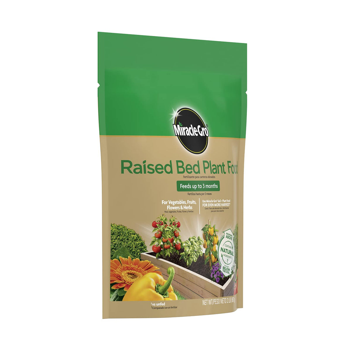 Garden scene with clear label close-up on Miracle-Gro Raised Bed Plant Food.