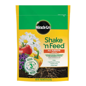 Miracle-Gro Shake 'N Feed packaging labeled all-purpose plant food, offering up to 3 months of feeding.