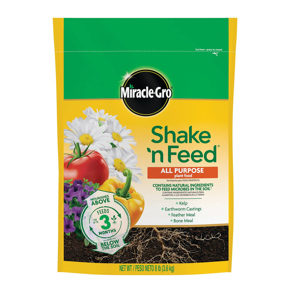 Miracle-Gro Shake 'N Feed packaging labeled all-purpose plant food, offering up to 3 months of feeding.