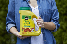 Miracle-Gro Shake 'N Feed granules being sprinkled on soil for weed prevention.