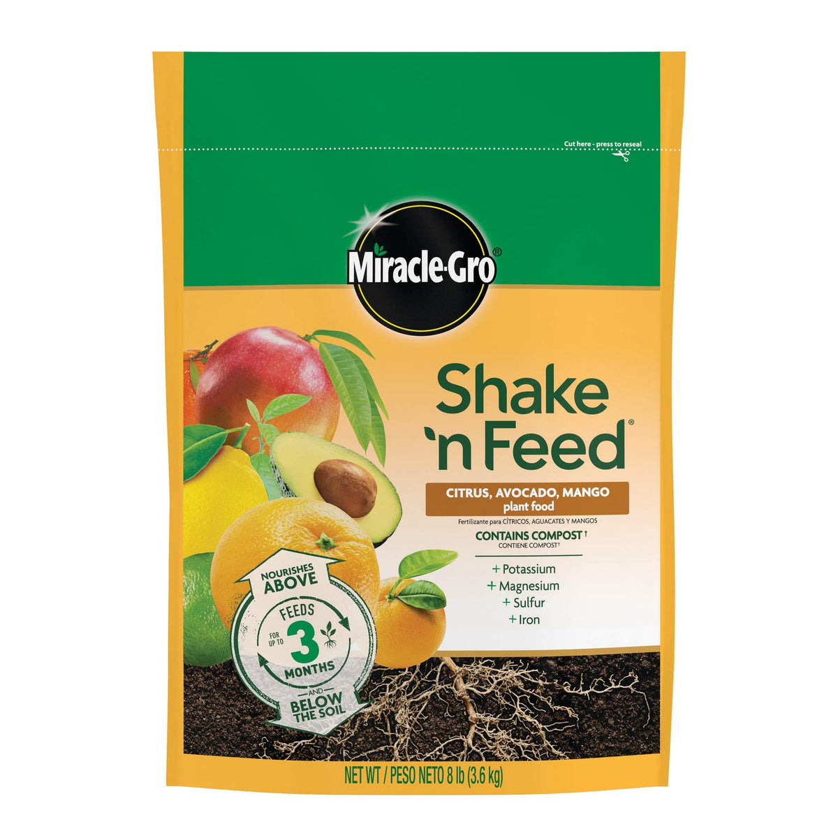Miracle-Gro Shake 'n Feed bag label close-up shows nutrients for citrus, avocado, and mango trees.